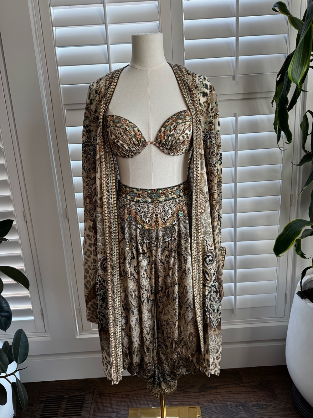 Camilla Animal Print Bra Top, harem pant & Duster Set - Brown/Tan/Green